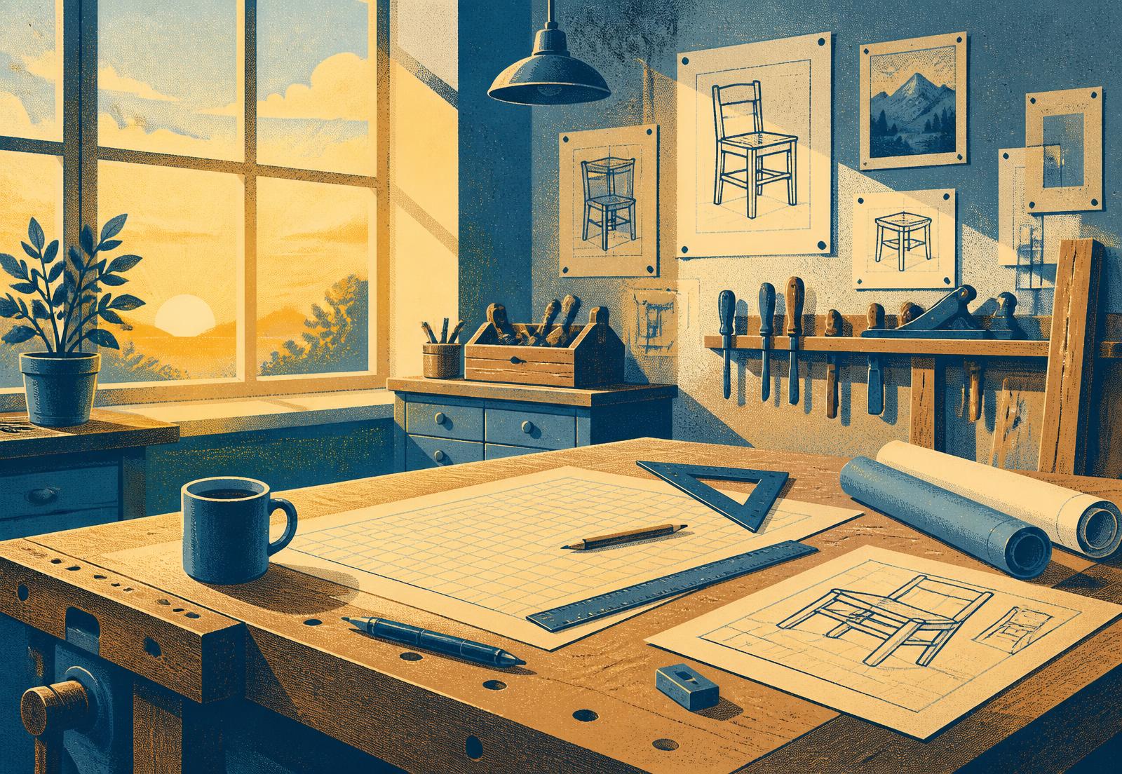 Illustration of a sunlit workshop bench with blueprints, graph paper, tools and coffee